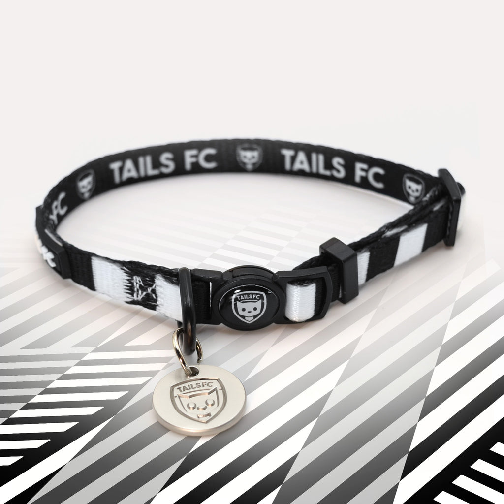 Swansea Black and white stripe cat collar with 'TAILS FC' logo