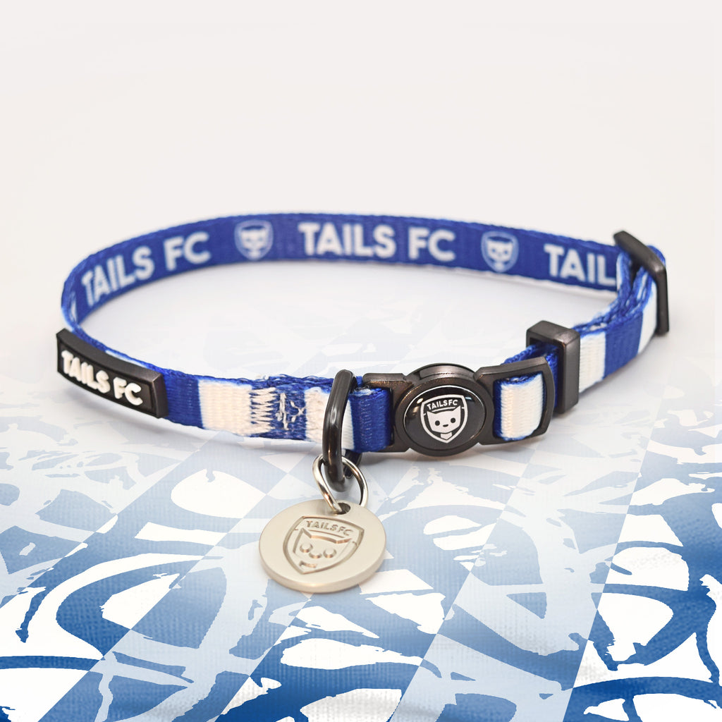 Kilmarnock Blue and white stripe cat collar with 'TAILS FC' logo