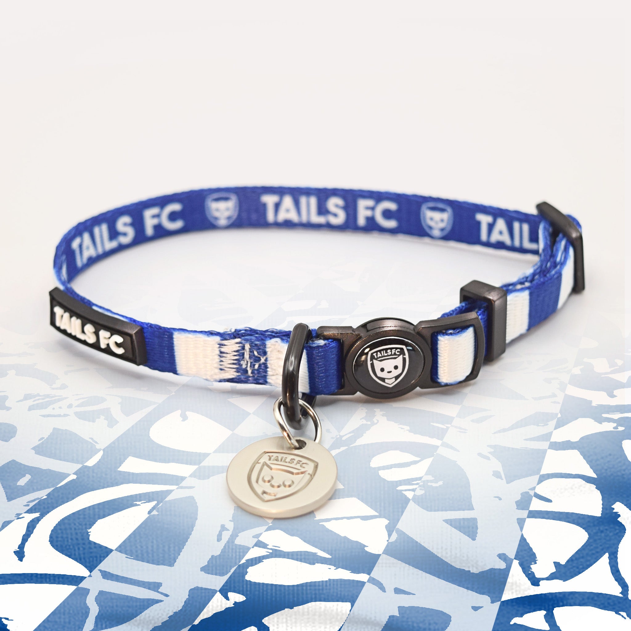 Kilmarnock Blue and white stripe cat collar with 'TAILS FC' logo