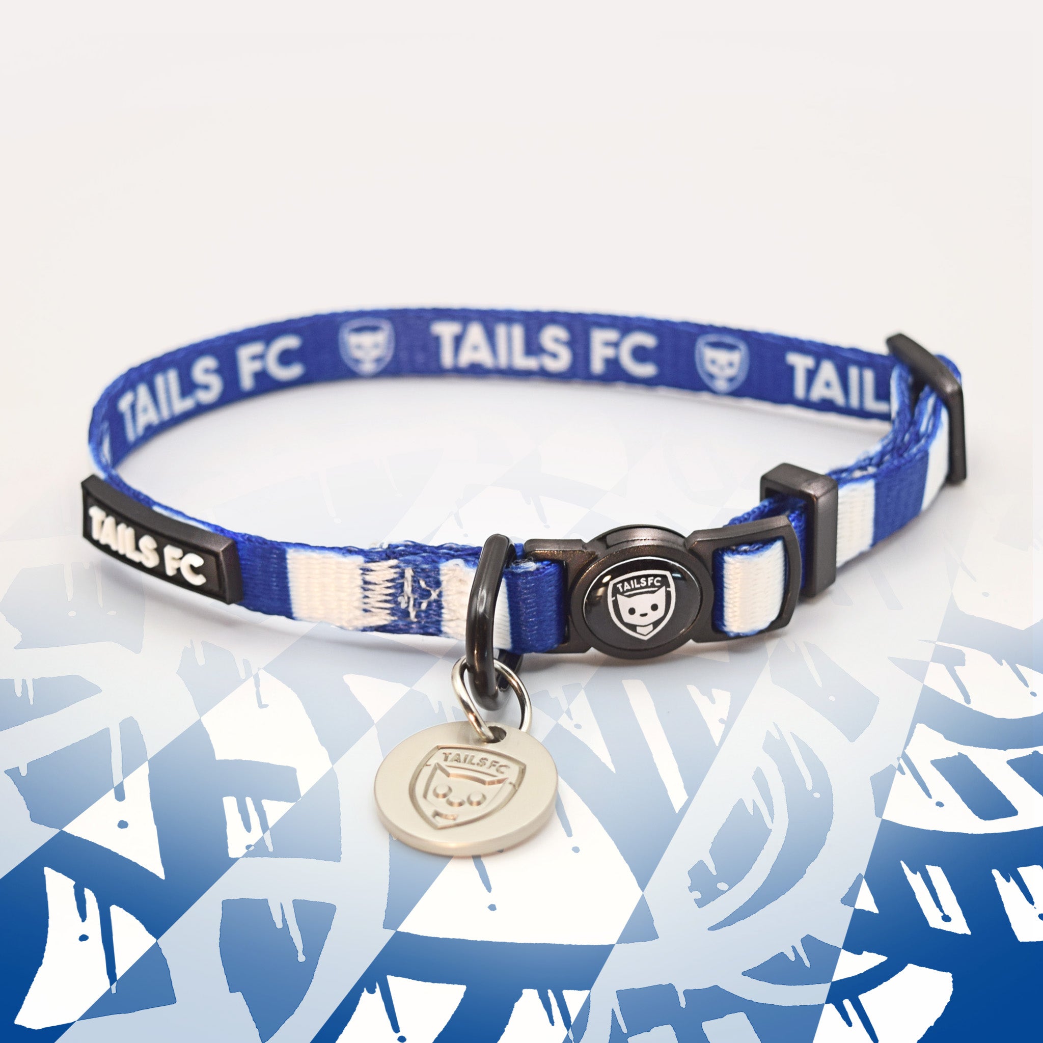 Leicester Blue and white stripe cat collar with 'TAILS FC' logo