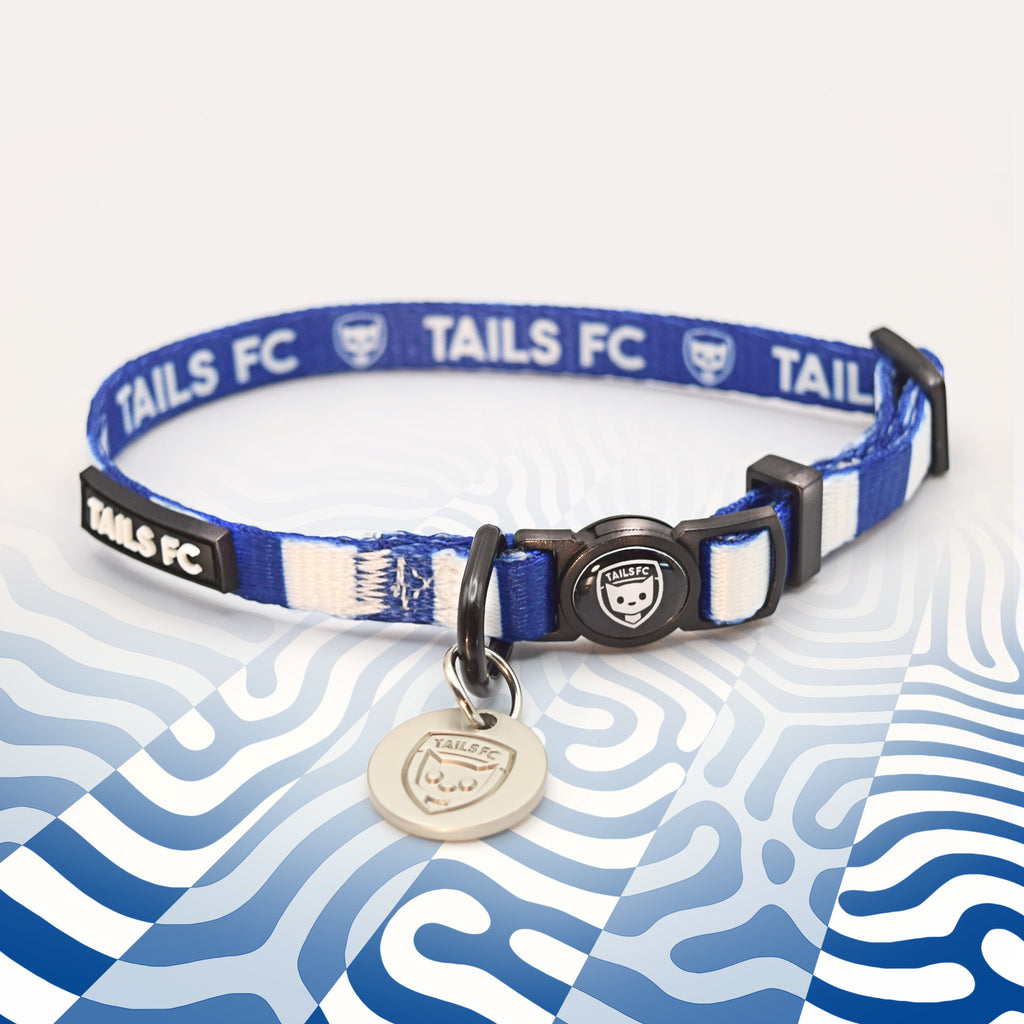 Millwall Blue and white stripe cat collar with 'TAILS FC' logo