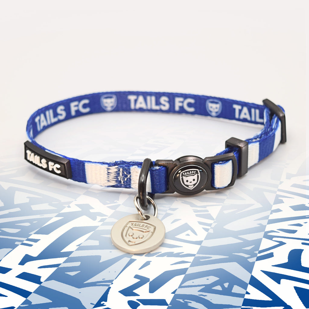 Portsmouth Blue and white stripe cat collar with 'TAILS FC' logo