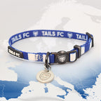 Real Madrid Blue and white stripe cat collar with 'TAILS FC' logo