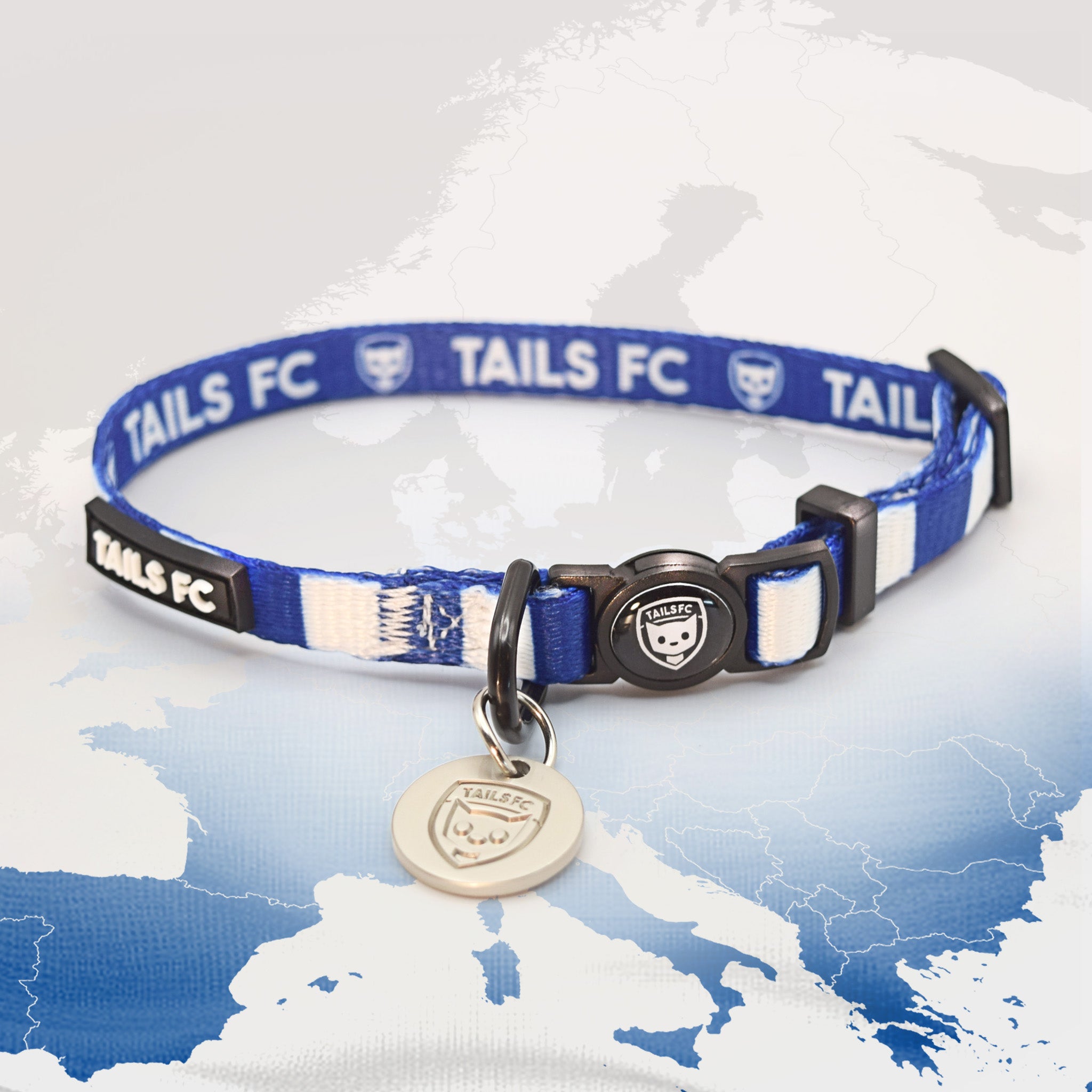 Real Madrid Blue and white stripe cat collar with 'TAILS FC' logo