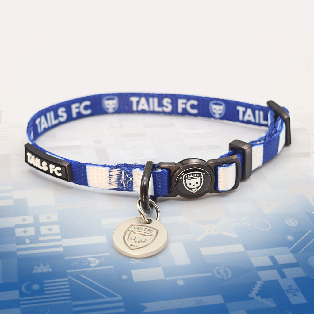 Scotland Blue and white stripe cat collar with 'TAILS FC' logo