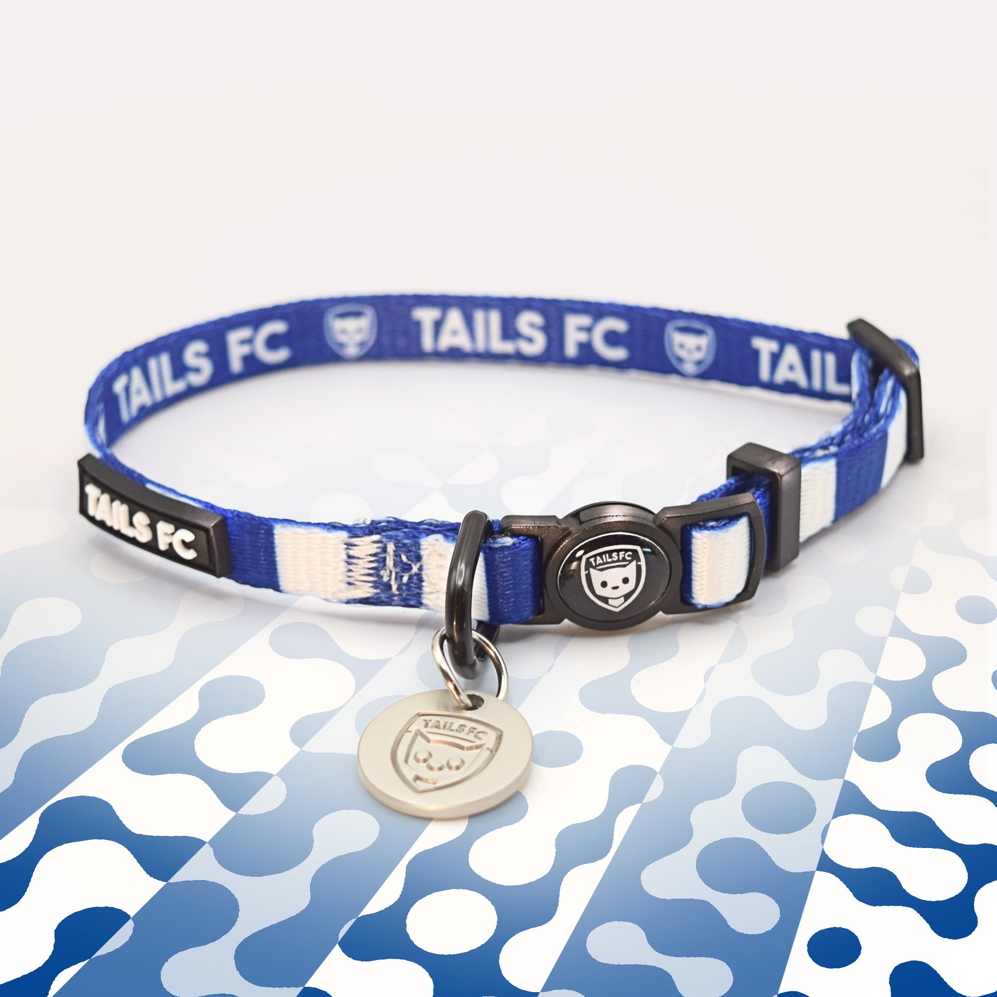 West Brom Blue and white stripe cat collar with 'TAILS FC' logo