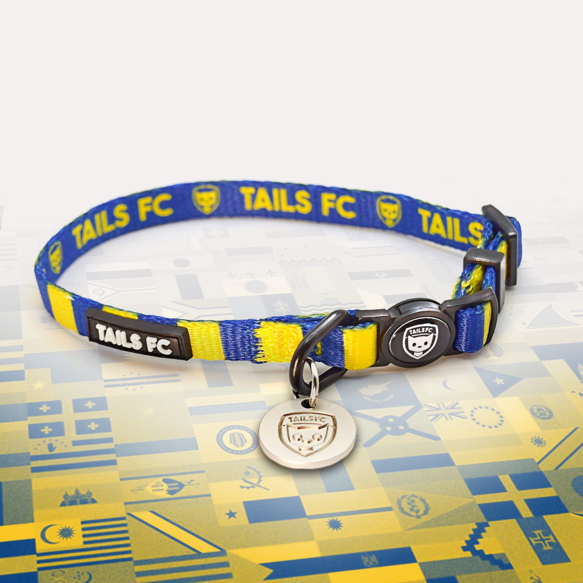Sweden Blue and yellow stripe cat collar with 'TAILS FC' logo
