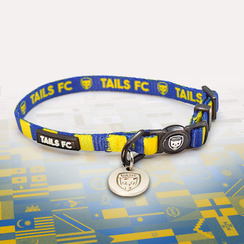 Blue and yellow stripe cat collar with 'TAILS FC' logo