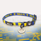 Blue and yellow stripe cat collar with 'TAILS FC' logo