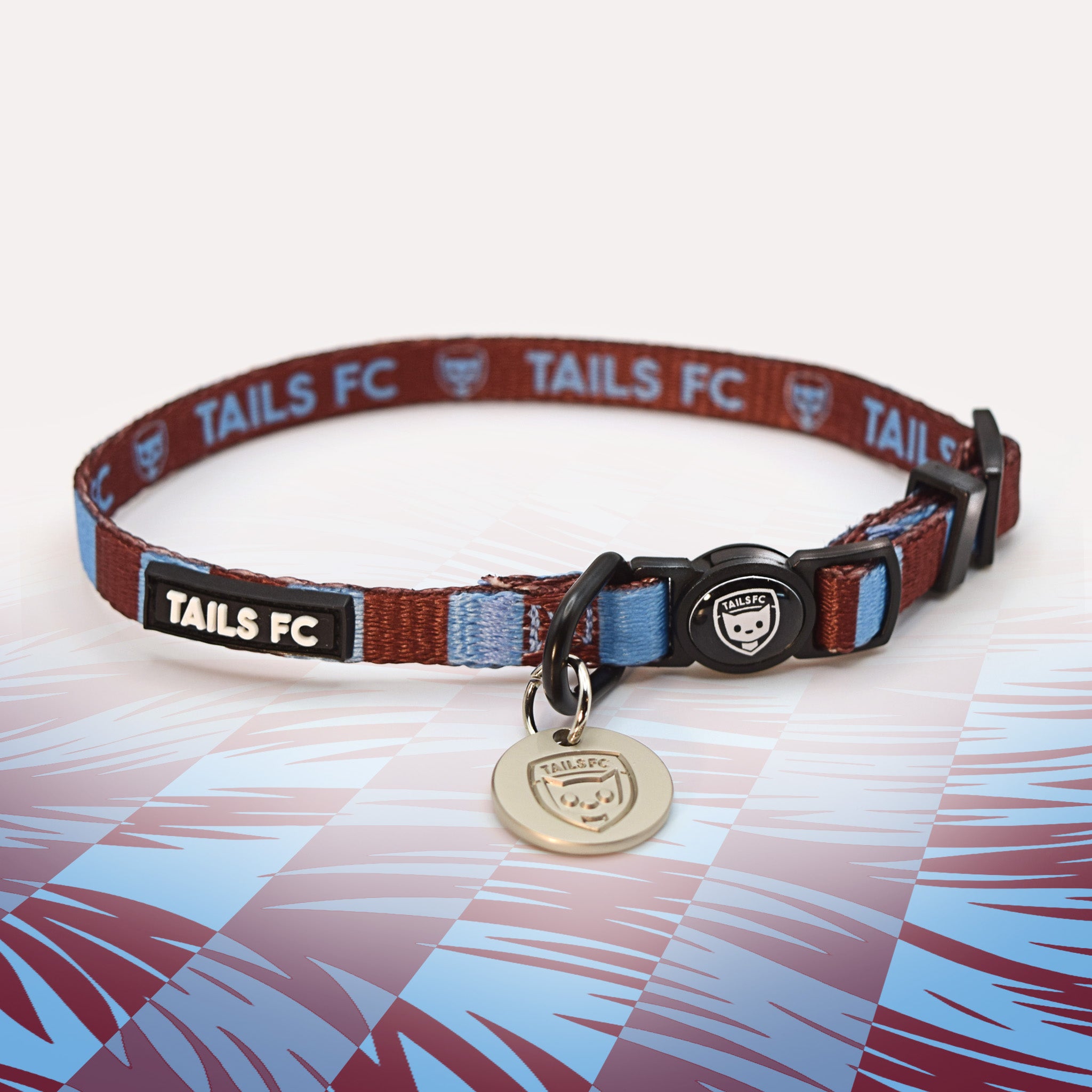 Burnley Claret and blue stripe cat collar with 'TAILS FC' logo