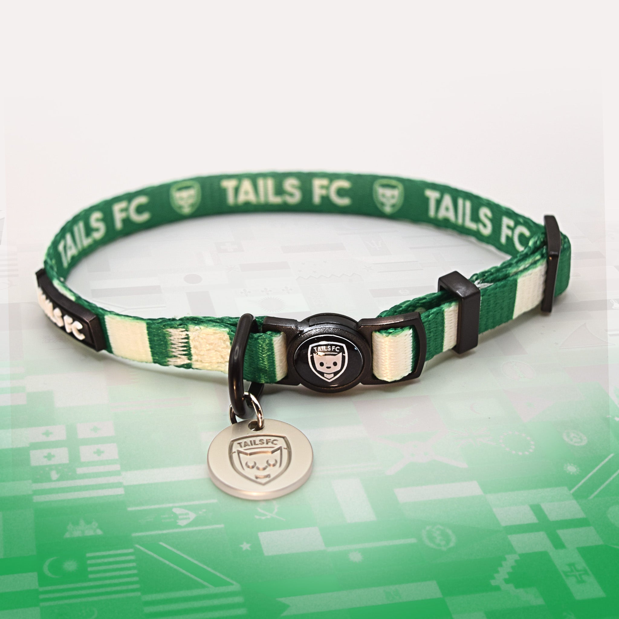 Northern Ireland Green and white stripe cat collar with 'TAILS FC' logo