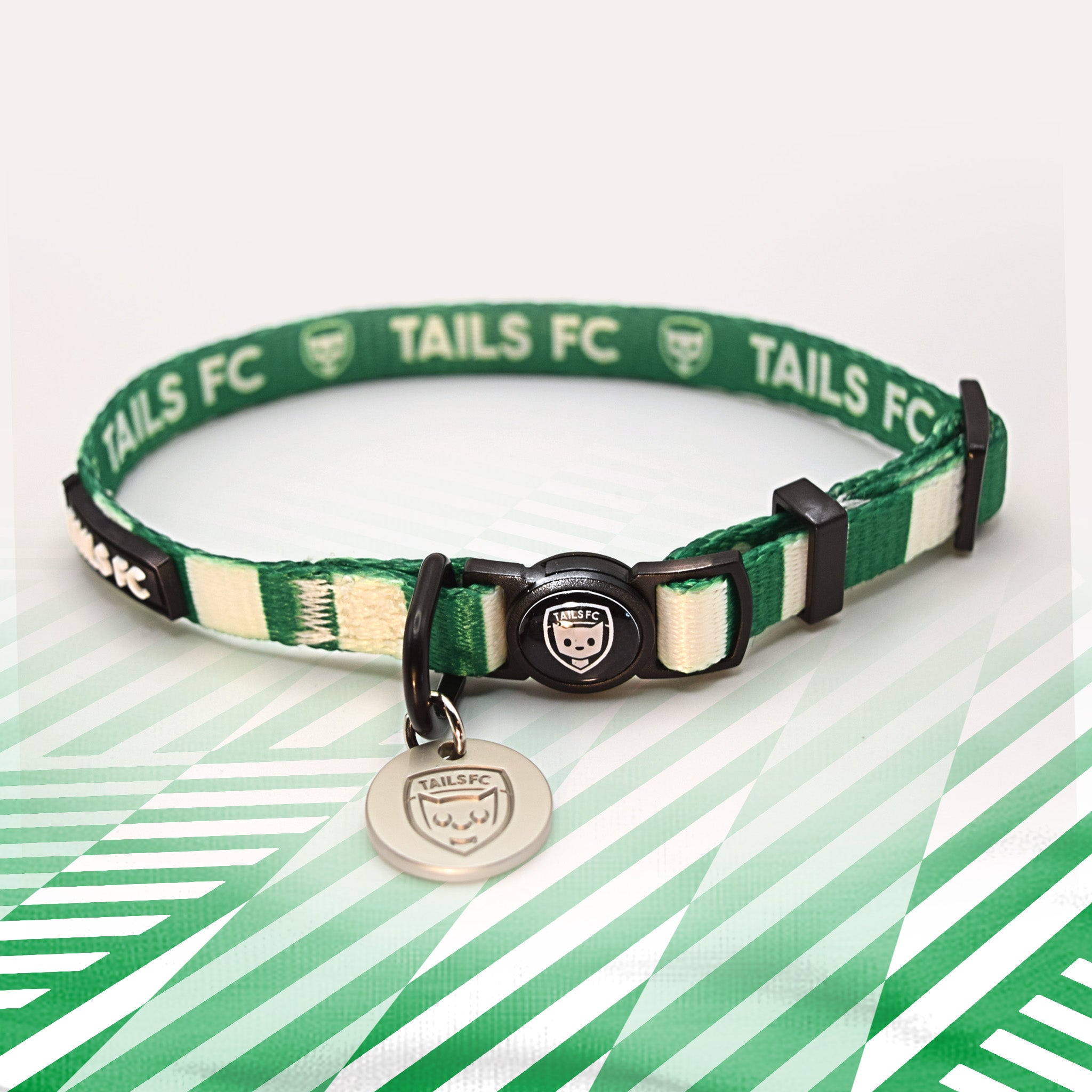 Green and white stripe cat collar with 'TAILS FC' logo