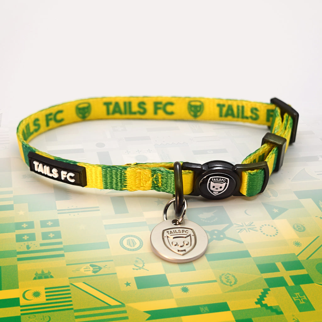 Brazil Yellow and green stripe cat collar with 'TAILS FC' logo