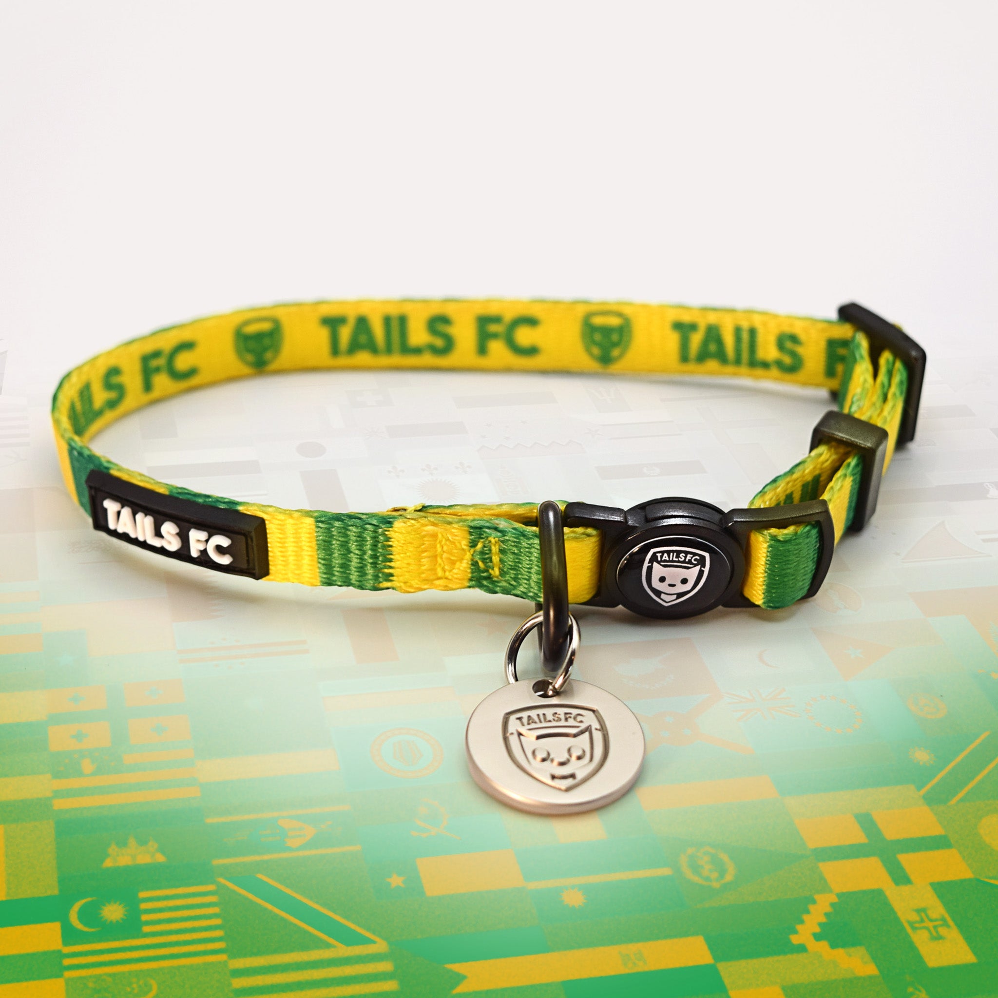 Republic of Ireland Yellow and green stripe cat collar with 'TAILS FC' logo