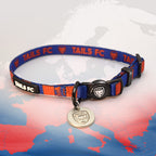 Barcelona Red and blue stripe cat collar with 'TAILS FC' logo