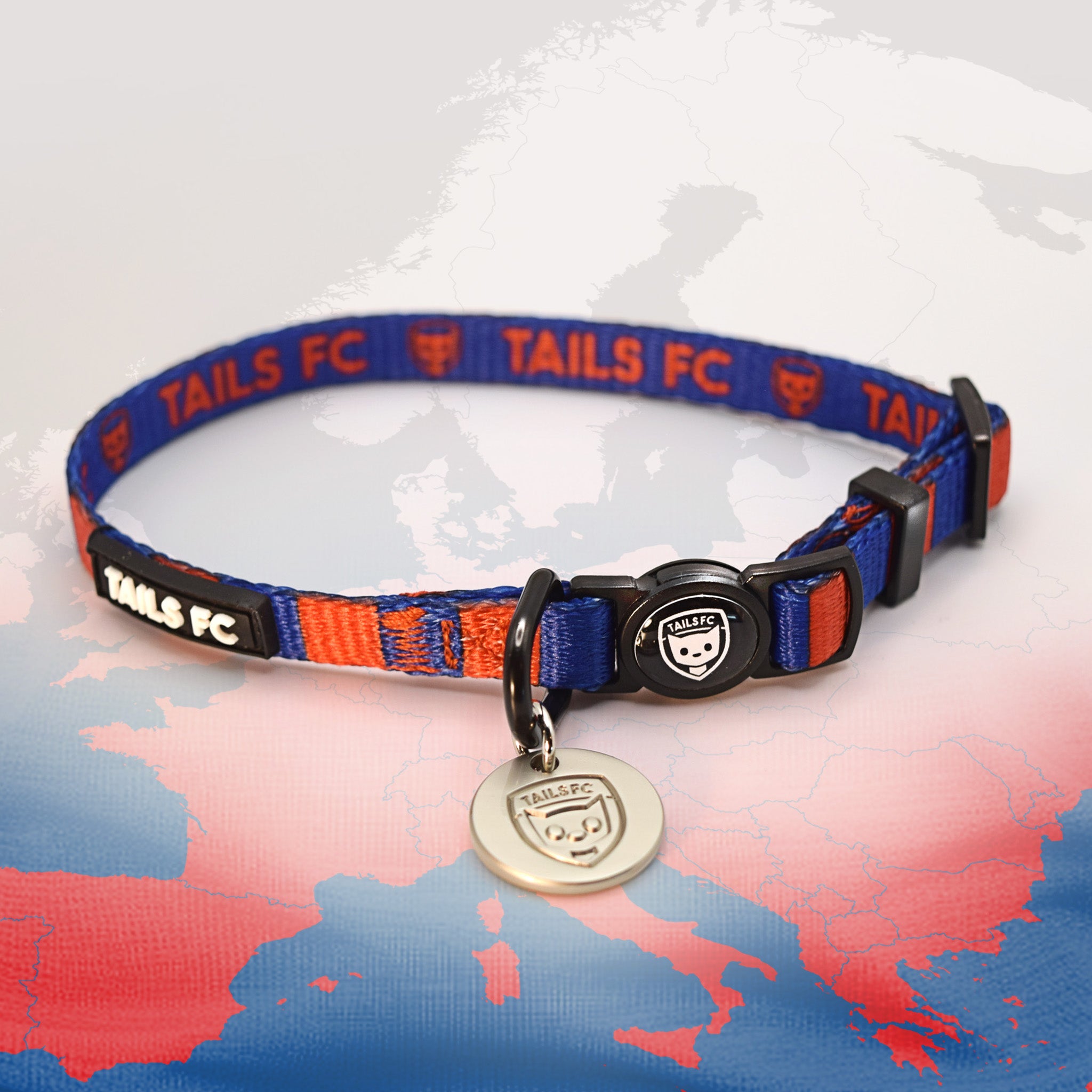 Barcelona Red and blue stripe cat collar with 'TAILS FC' logo