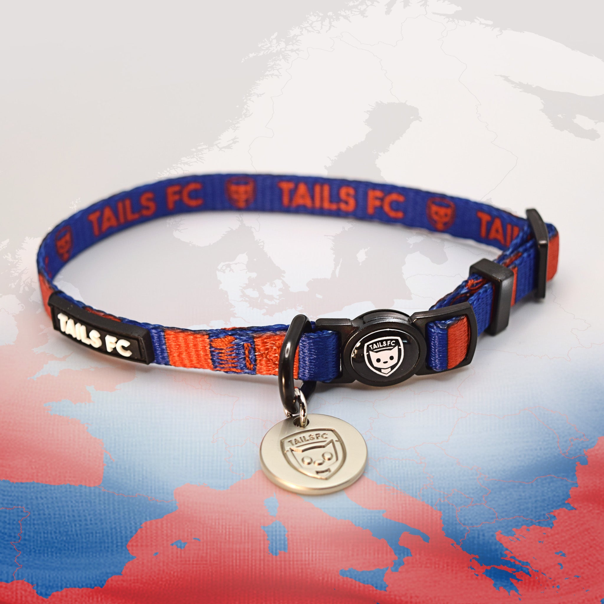 PSG Red and blue stripe cat collar with 'TAILS FC' logo