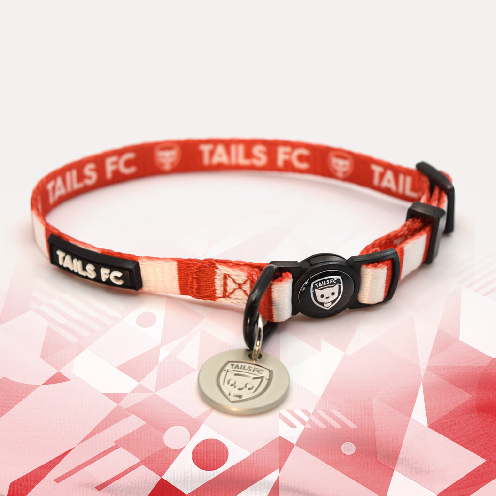 Aberdeen Red and white stripe cat collar with 'TAILS FC' logo