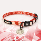 Aberdeen Red and white stripe cat collar with 'TAILS FC' logo