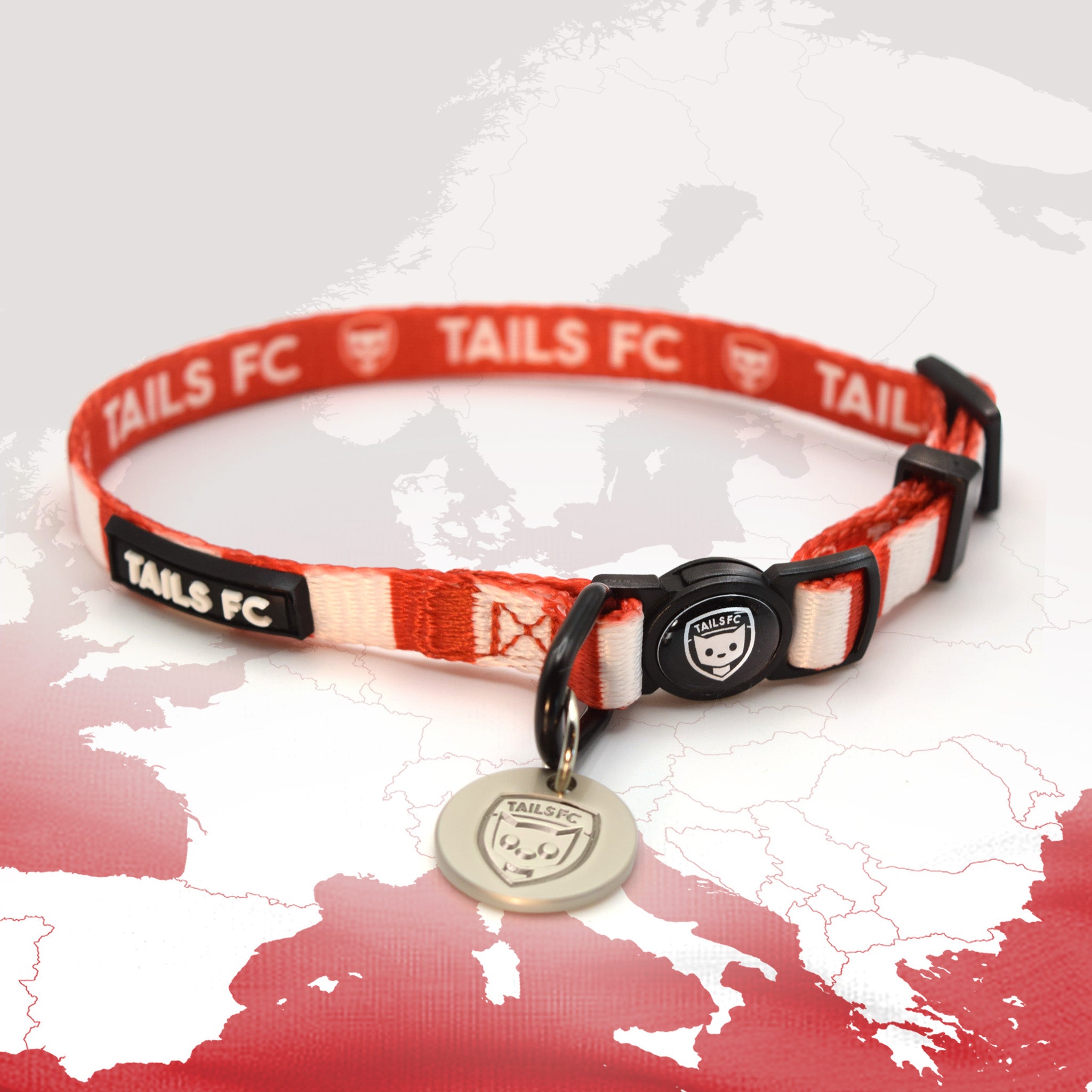 Bayern Munich Red and white stripe cat collar with 'TAILS FC' logo