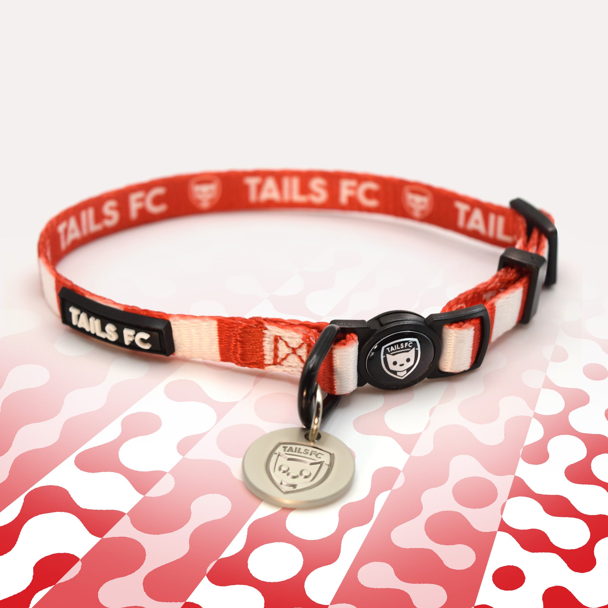 Charlton Red and white stripe cat collar with 'TAILS FC' logo