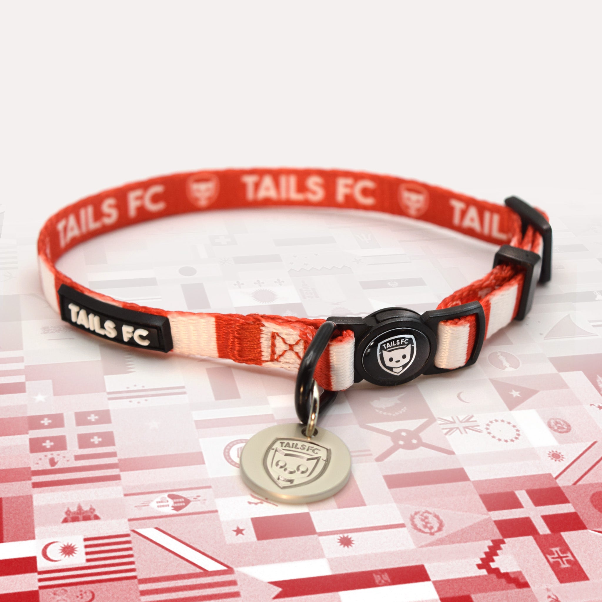 England Red and white stripe cat collar with 'TAILS FC' logo