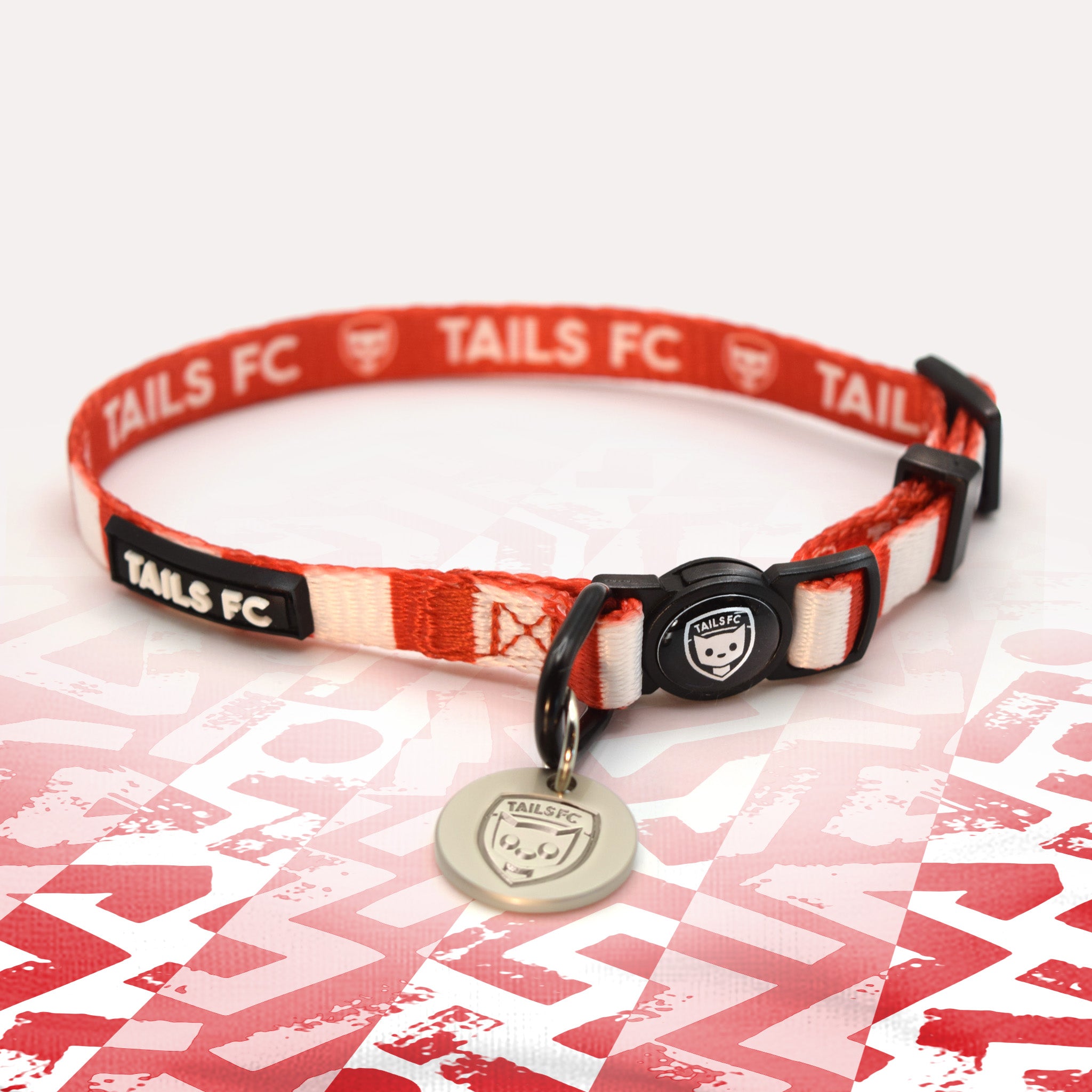 Hearts Red and white stripe cat collar with 'TAILS FC' logo