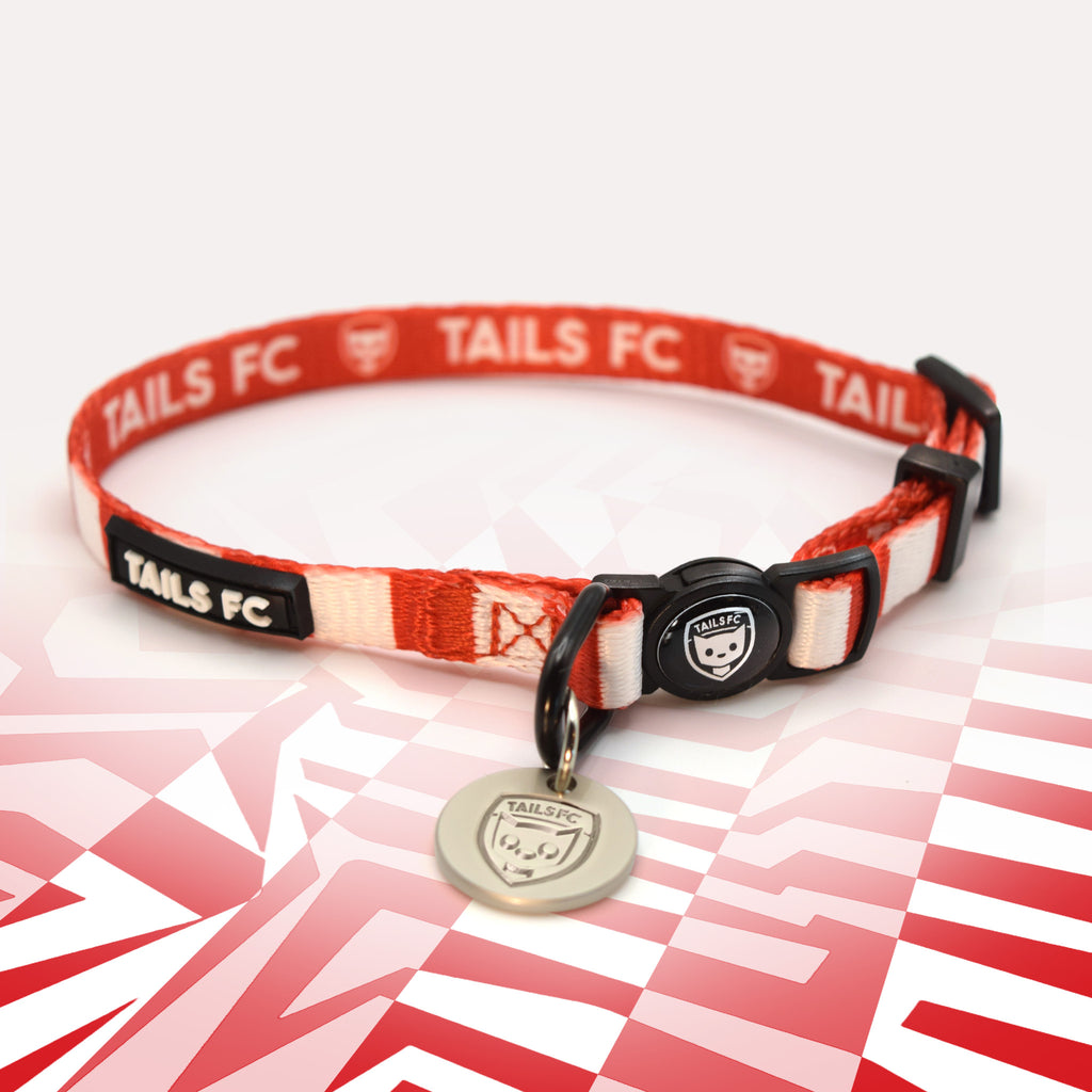 Stoke Red and white stripe cat collar with 'TAILS FC' logo