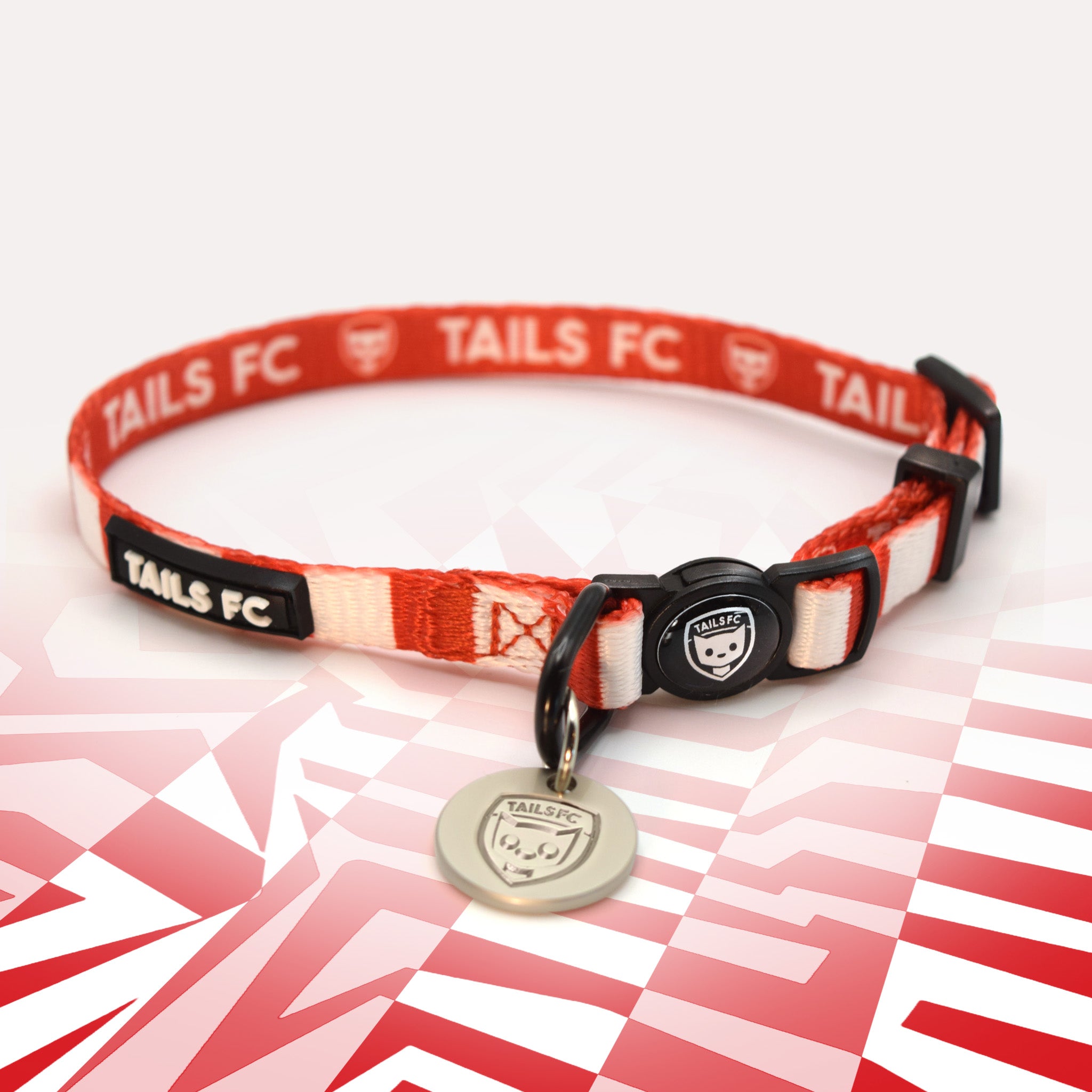 Stoke Red and white stripe cat collar with 'TAILS FC' logo