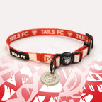 Red and white stripe cat collar with 'TAILS FC' logo
