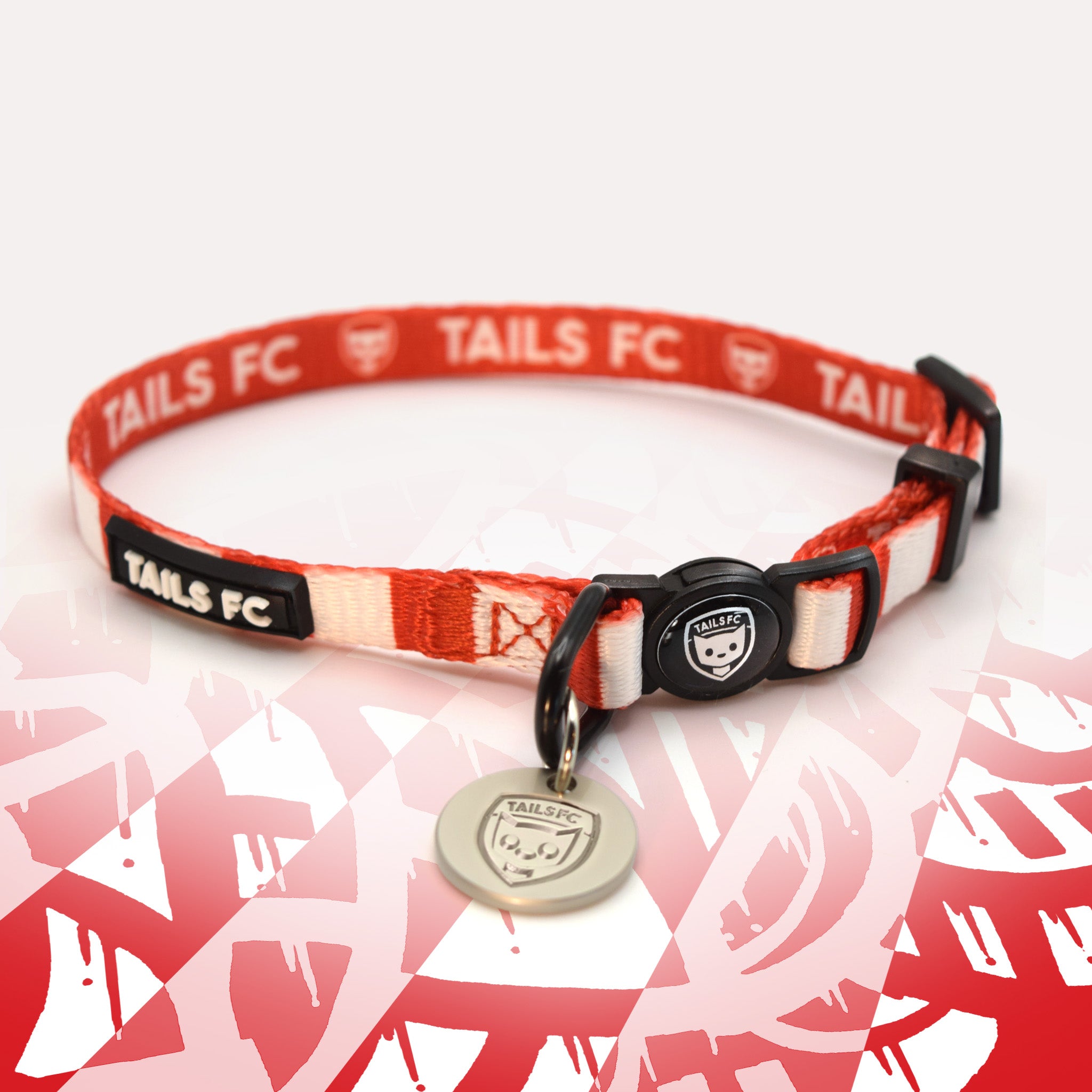 Red and white stripe cat collar with 'TAILS FC' logo