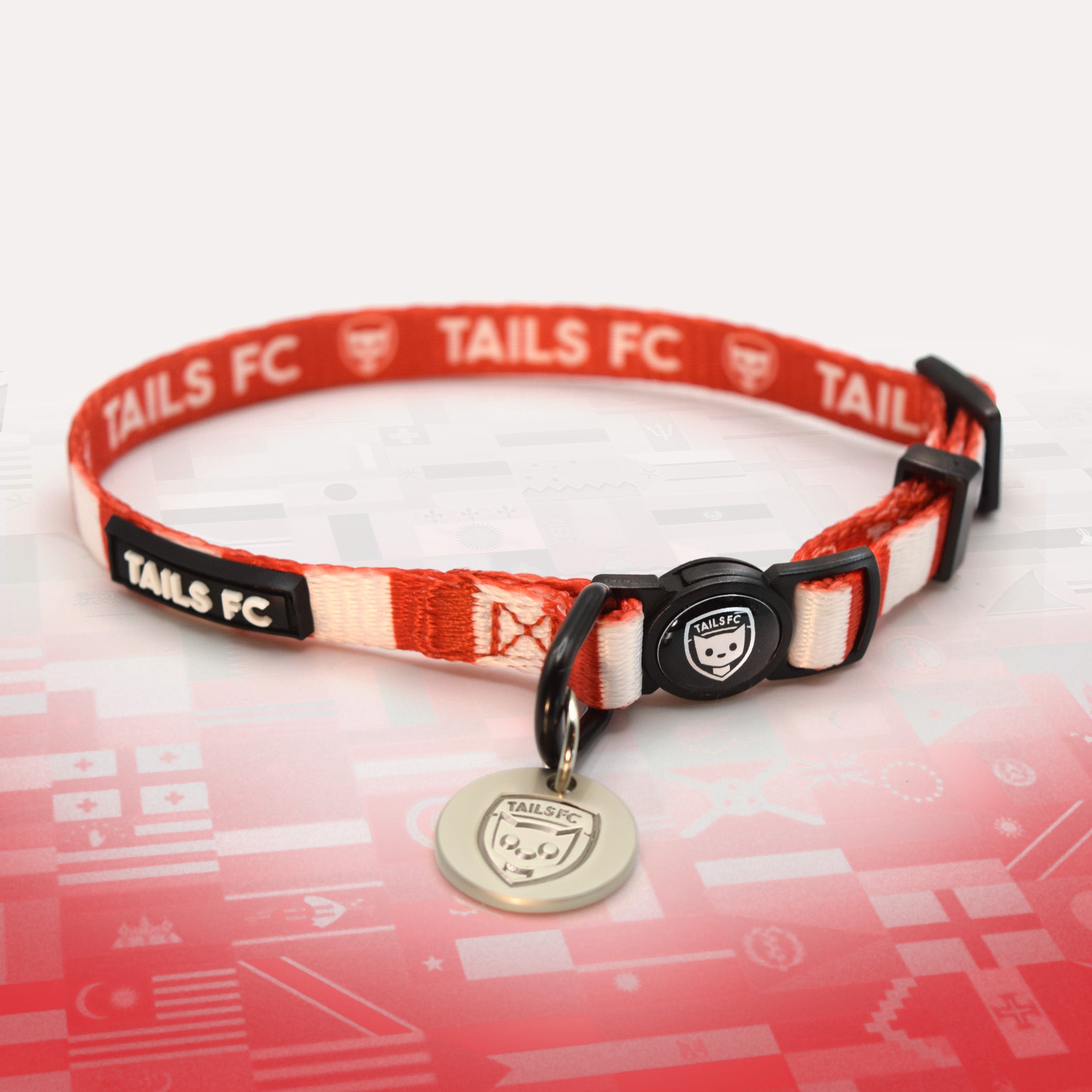 Wales Red and white stripe cat collar with 'TAILS FC' logo