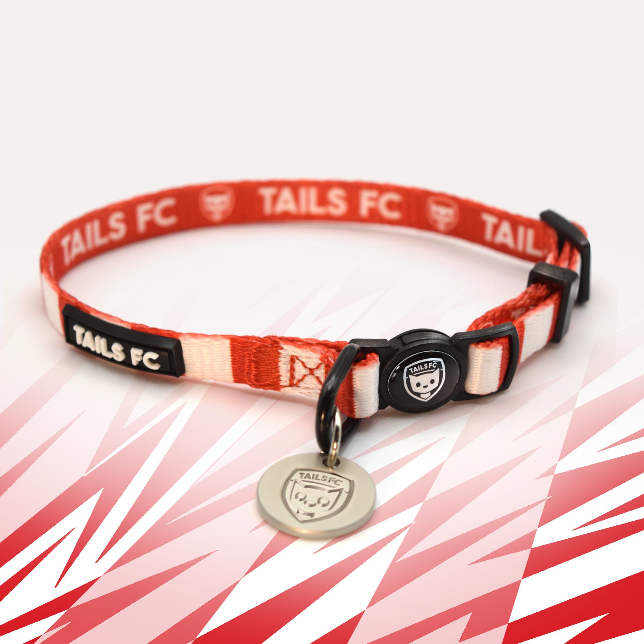Wrexham Red and white stripe cat collar with 'TAILS FC' logo