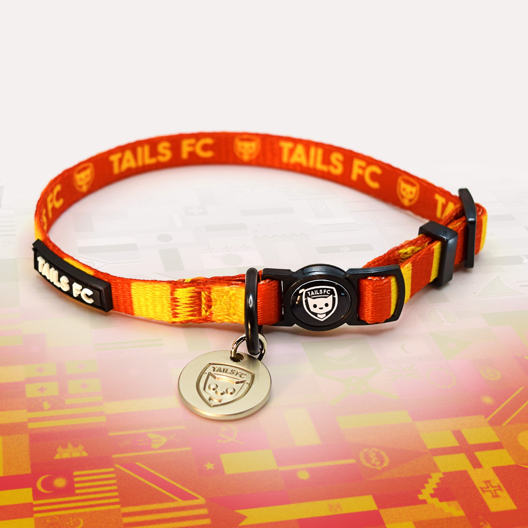Spain Red and yellow stripe cat collar with 'TAILS FC' logo