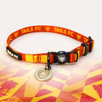 Red and yellow stripe cat collar with 'TAILS FC' branding