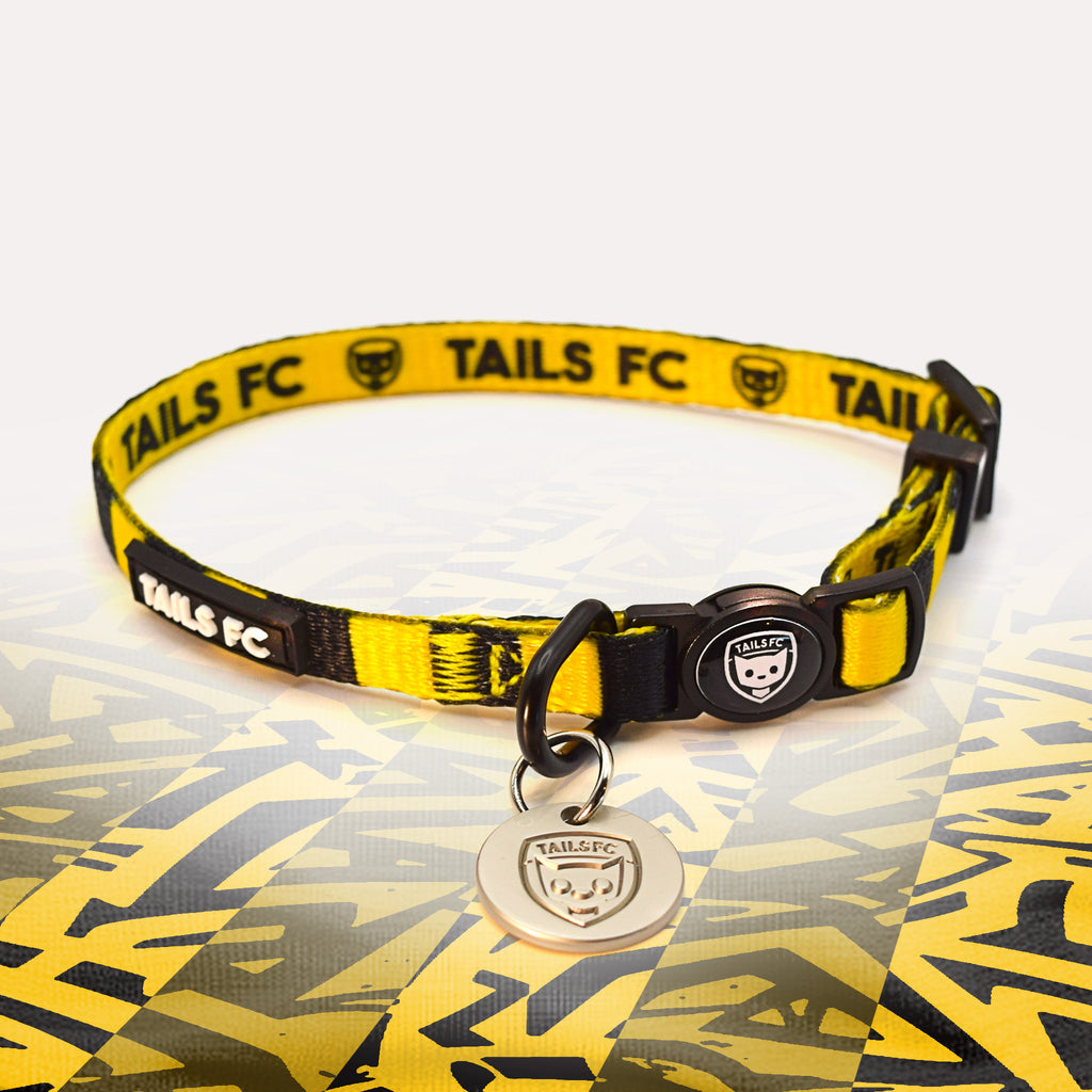 Livingston Yellow and black stripe cat collar with 'TAILS FC' logo