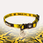 Livingston Yellow and black stripe cat collar with 'TAILS FC' logo