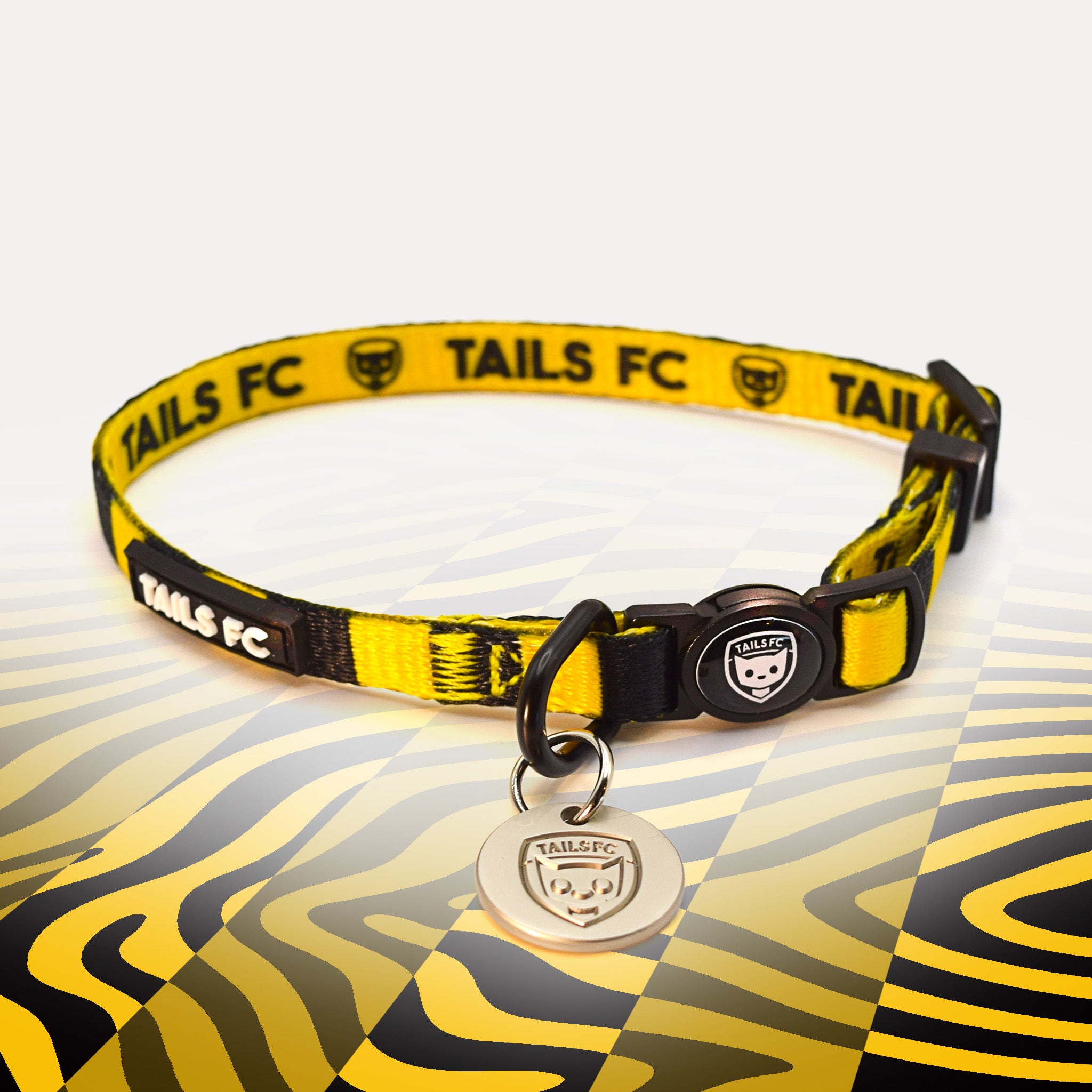 Watford Yellow and black stripe cat collar with 'TAILS FC' logo