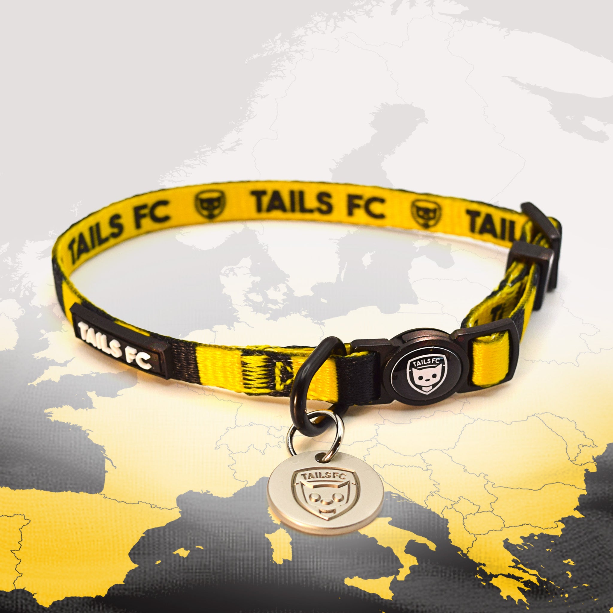 Borussia Dortmund Yellow and black stripe cat collar with 'TAILS FC' logo