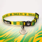 Norwich Yellow and green stripe cat collar with 'TAILS FC' logo