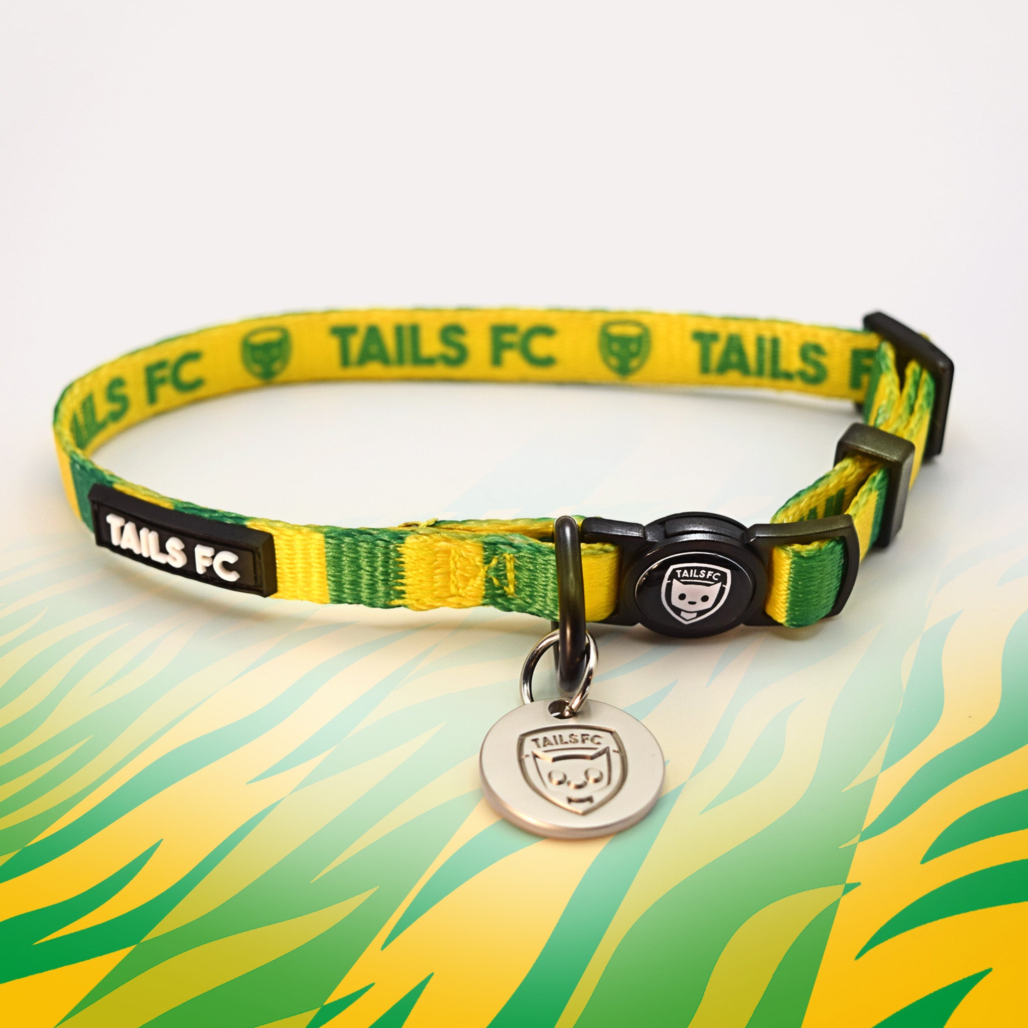 Yellow and green stripe dog collar with 'TAILS FC' logo