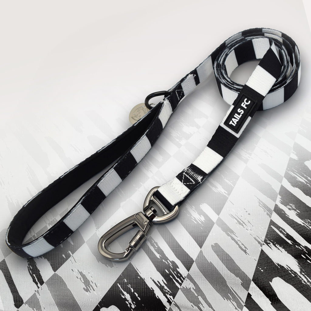 Derby Black and white stripe dog lead with 'TAILS FC' logo