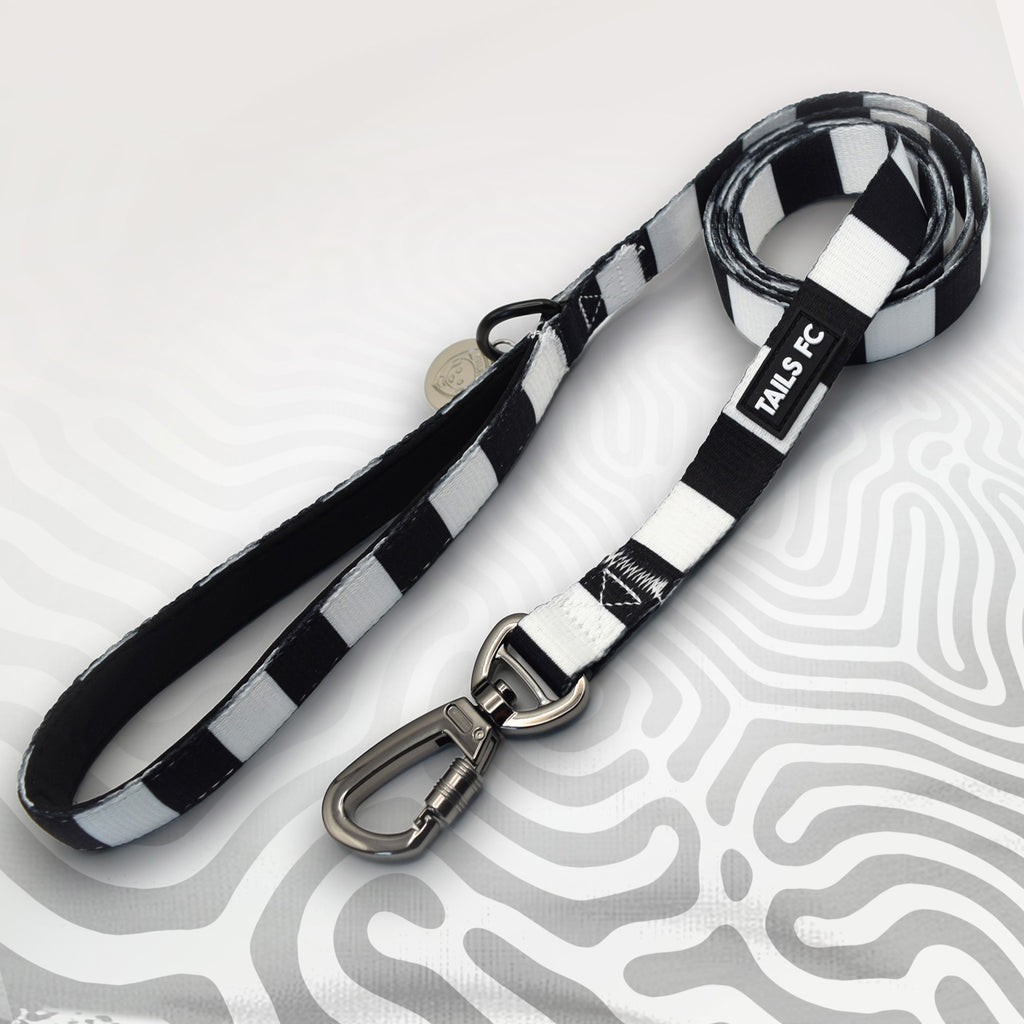 Fulham black and white striped dog lead.