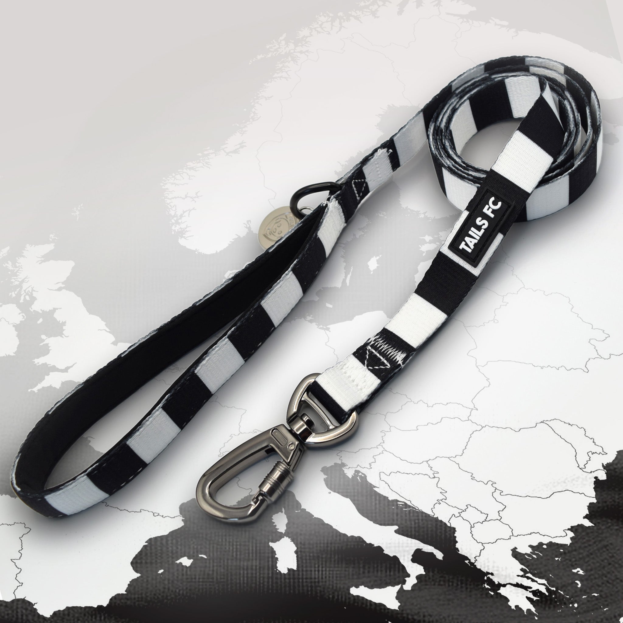 Juventus Black and white stripe dog lead with 'TAILS FC' logo