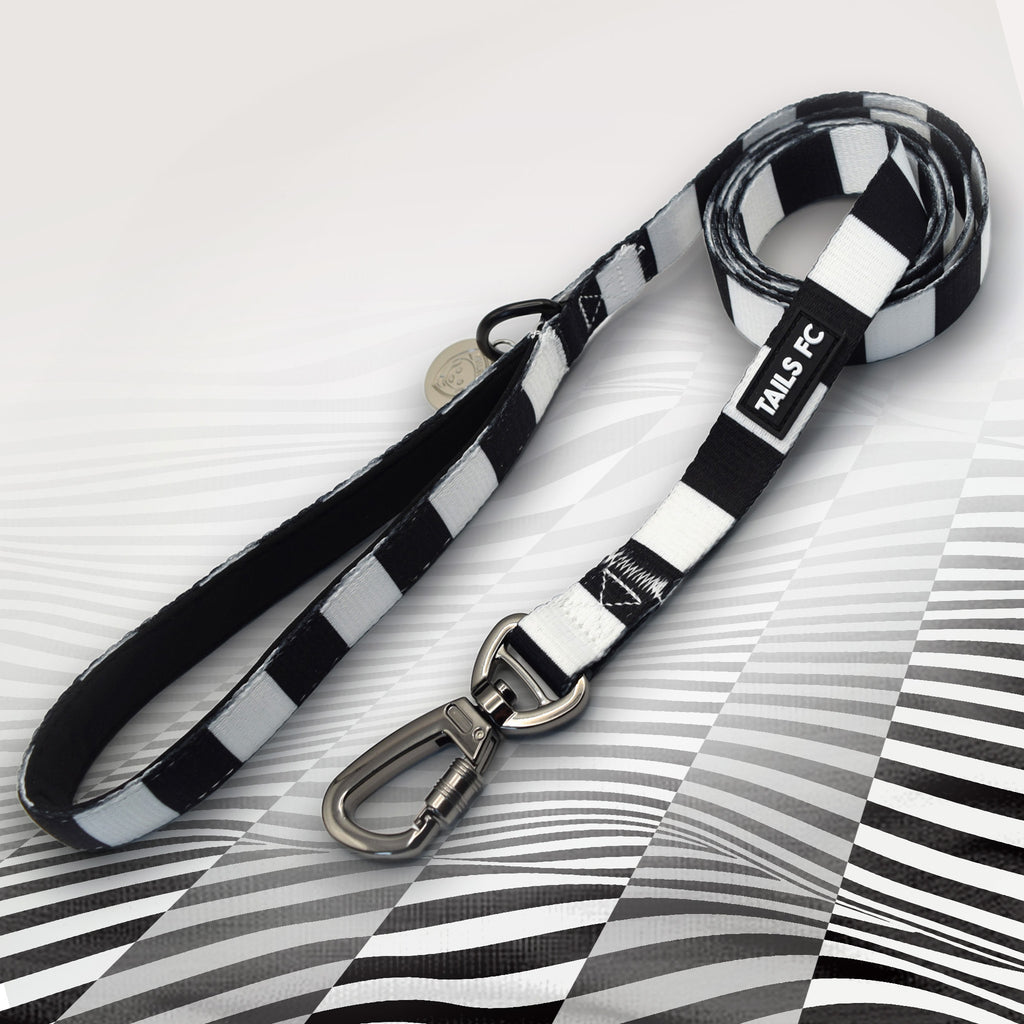 Swansea Black and white stripe dog lead with 'TAILS FC' logo