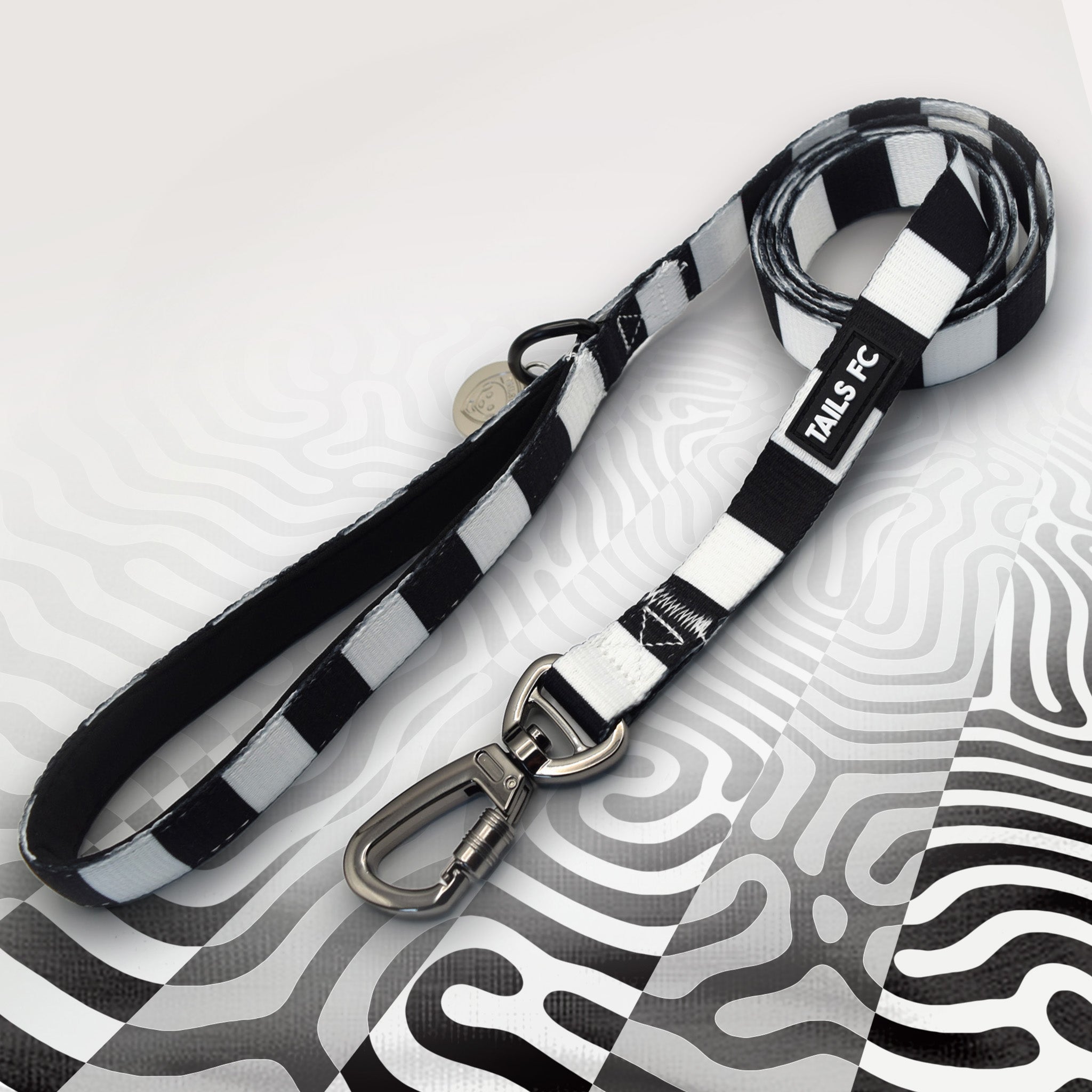 Black and white stripe dog lead with 'TAILS FC' logo