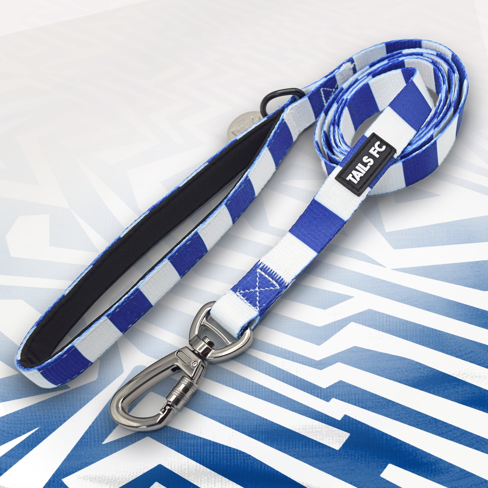 Chelsea blue and white striped dog lead.