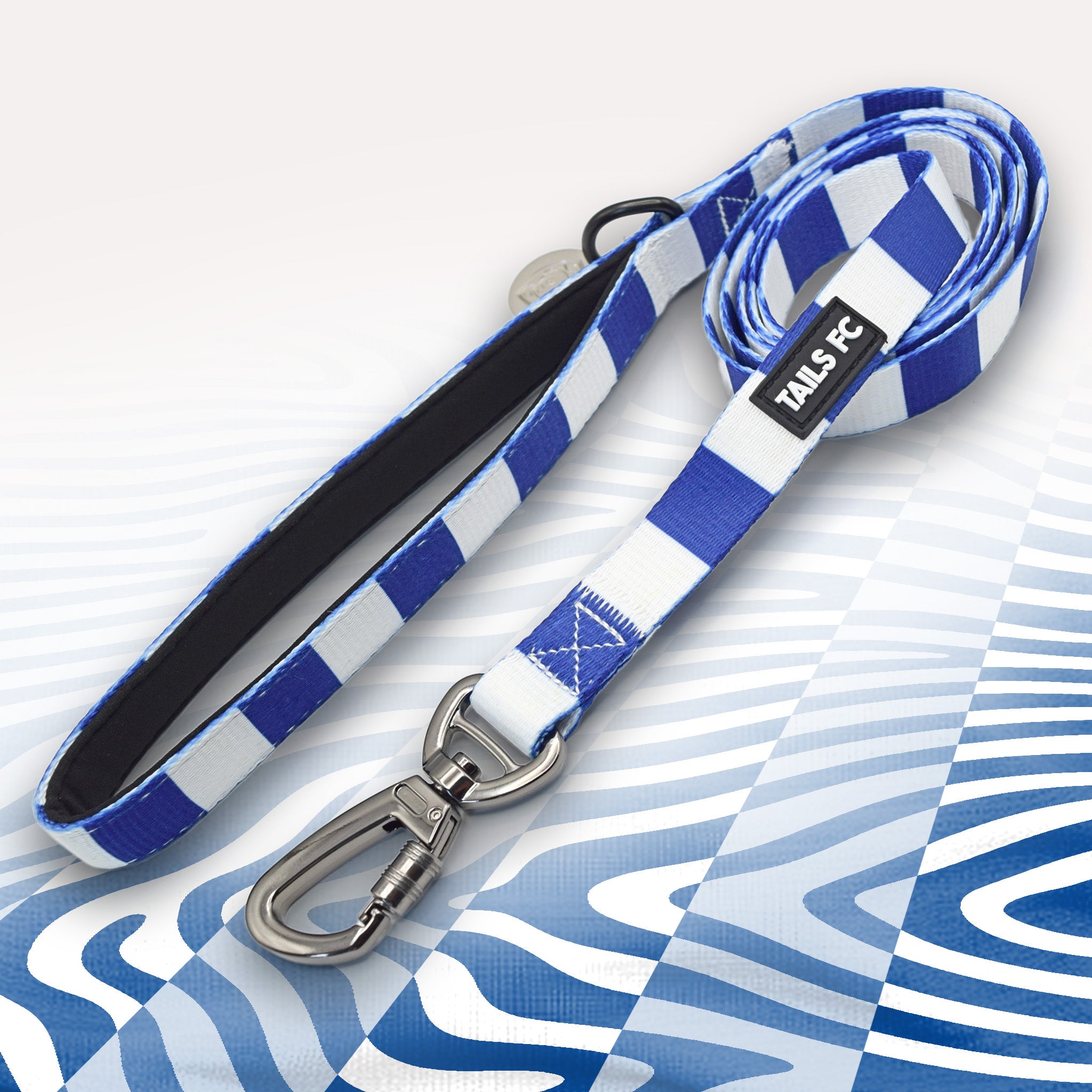 Kilmarnock Blue and white stripe dog lead with 'TAILS FC' logo