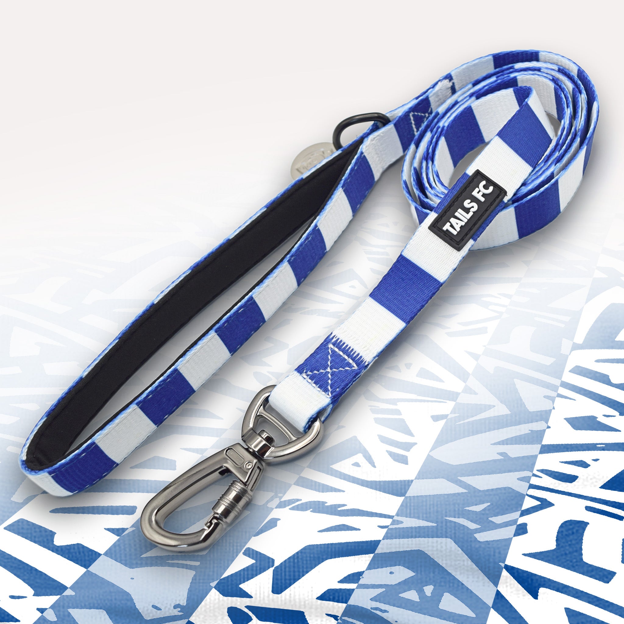 Leicester Blue and white stripe dog lead with 'TAILS FC' logo