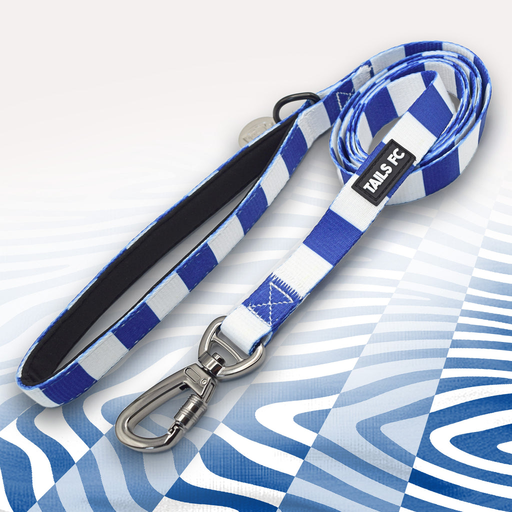 Portsmouth Blue and white stripe dog lead with 'TAILS FC' logo